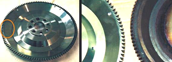 The Evo II Lightweight flywheel compared to the stock flywheel